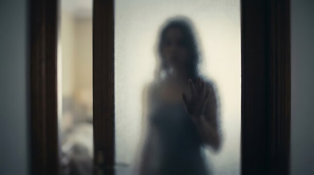 Ominous silhouette of woman standing behind frosted glass door in dark mysterious room.