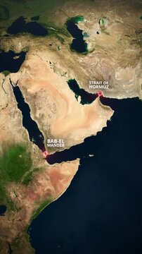 Earth globe zoom to a vertical satellite map of the Strait of Hormuz, Middle East, and Bab el-Mandeb, Middle East, with red concentric circle highlights and typography for a mobile app promo.
