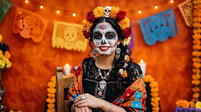 Smiling woman dressed as la catrina with sugar skull makeup holding decorative holiday ornaments.