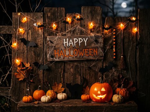 Rustic wooden wall decorated with happy halloween sign and glowing string lights plus pumpkin lanterns for holiday.