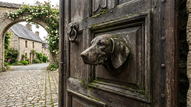 Rustic wooden door with detailed dog head door knocker in historical european cobblestone village street with flowers.