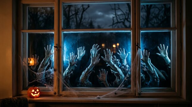Spooky halloween window with silhouettes of reaching zombie hands and glowing jack o lantern for scary night atmosphere.
