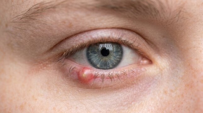 Extreme closeup of painful red stye or chalazion bump on lower eyelid of person with blue eye and freckles.