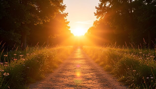 A path of light stretching towards the sunrise in nature - A path to the future