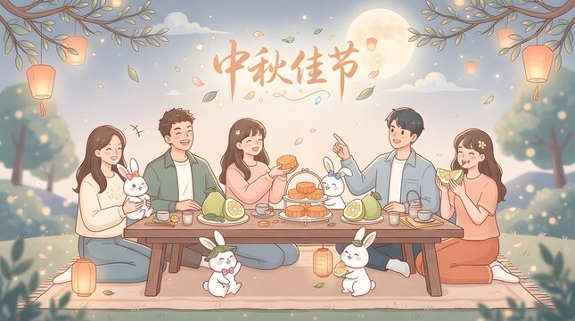 A group of happy young friends enjoying a festive outdoor dinner party during the traditional mid autumn festival china celebration under a bright full