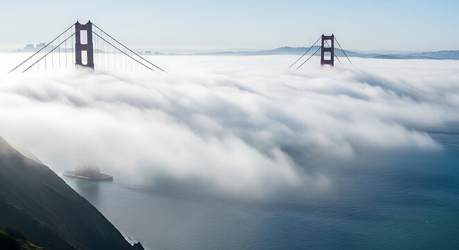 Golden gate bridge in foggy san francisco bay - Mysterious view of the iconic Golden Gate Bridge partially hidden by thick fog over the calm waters of San Francisco Bay.