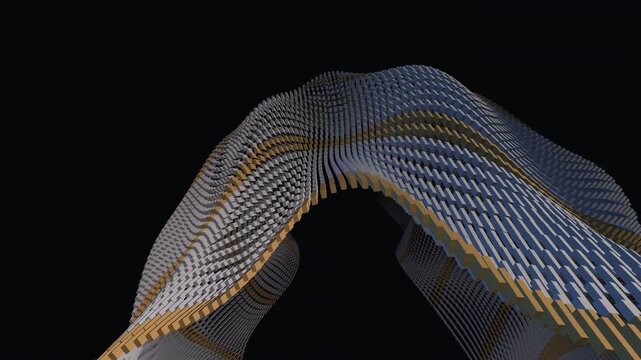 An elegant 3D geometric grid smoothly morphs into sweeping waves and architectural forms. Featuring a deep atmospheric space with warm gold accents and depth of field. Ideal for corporate backgrounds.