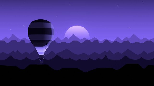 Vector style, hot air balloon flying through a mountain landscape, looping background, ambient vibe.