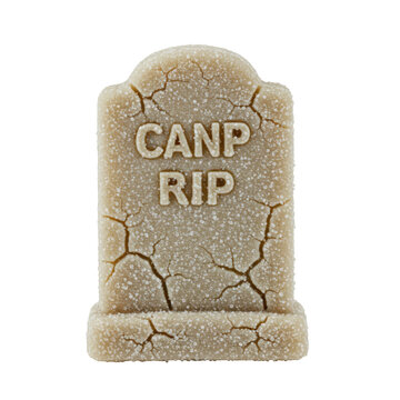 Crumbling tombstone with canp rip inscription, textured surface, and cracks isolated on white background