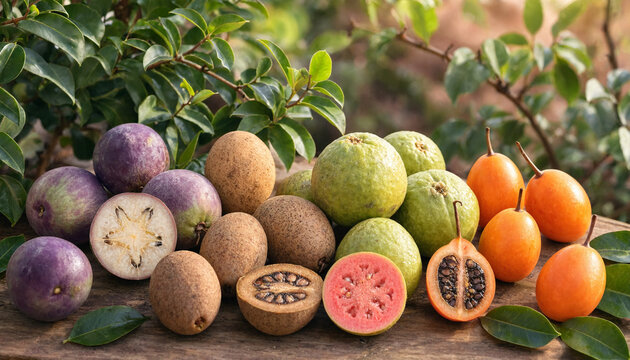 Assorted tropical fruits including star apple, sapodilla, guava, and hog plum arranged on a wooden surface with green foliage in the background