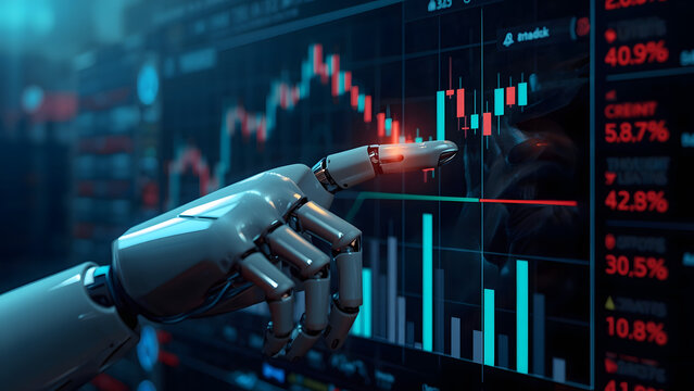 Robotic hand touching financial stock market chart, artificial intelligence trading data, futuristic cyborg arm analyzing digital business graphs