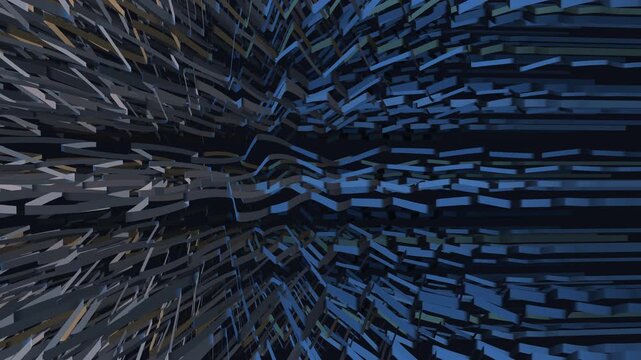 Elegant 3D architectural ribbons smoothly evolve from flowing waves into woven interlocking layers. Featuring blue and gold tones with deep negative space. Ideal for presentation and event backgrounds