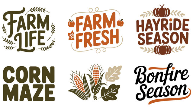 Rustic autumn farm life typography, fall harvest vector set, bonfire season art Editable Vector