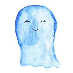 Watercolor hand-drawn image of cute smiling ghost, depicting water blue, shapeless substance, isolated on white background. Halloween spook.