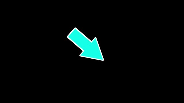 cyan diagonal arrow animation pointing down left on transparent background. 4K directional indicator for tutorials, call to action, presentations, navigation, overlays, and motion graphics