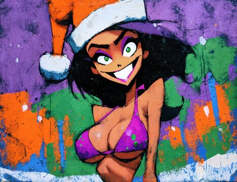 Cartoon woman smiling mischievously, wearing bikini and Santa hat, vibrant abstract background