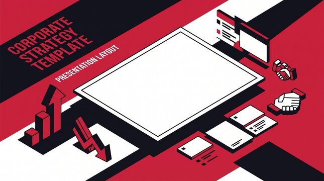 Corporate strategy template with isometric business icons, red and black presentation layout, professional slide deck mockup