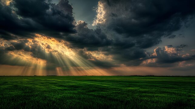 over farmland with dark clouds and rays of sunlight breaking through creating contrast