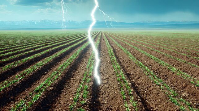 clouds over farmland with lightning in the distance creating powerful agricultural atmosphere