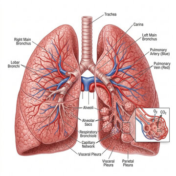 Human Lung Anatomy: Bronchial Tree, Alveoli, Vessels, and Pleura