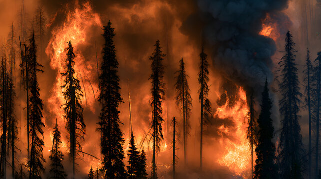 Searing flames and a dense cloud of thick smoke completely envelop a thick forest with tall trees, in vibrant fiery orange and ominous dark grey shades, spotlighting a harrowing wildfire scene.