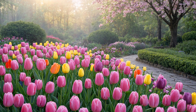 A vibrant garden path lined with colorful pink, yellow, and orange tulips blooming under a cherry blossom tree during a spring morning