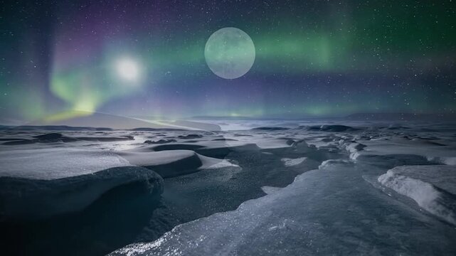 Full moon shining over icy shore and dark sea.