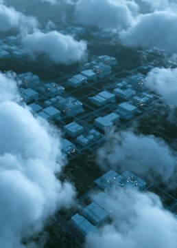 Aerial view of a city surrounded by clouds. the city appears to be densely populated with buildings and roads.