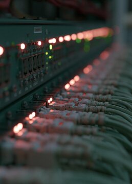 Close-up of a control panel in a recording studio. the panel is made up of multiple rows of cables and switches, with red and green lights shining on them.