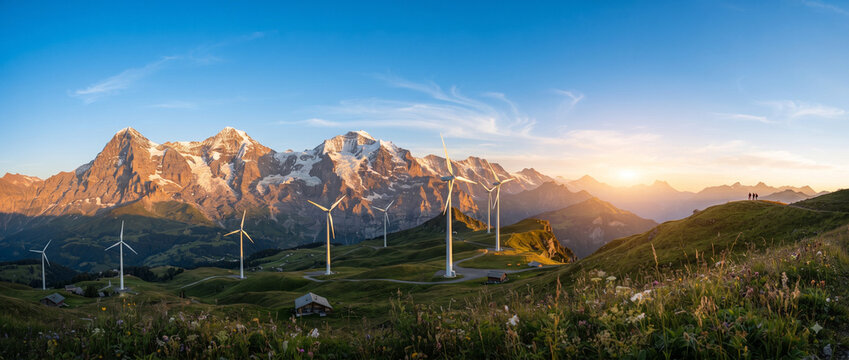 Majestic alpine mountain range landscape with wind turbines at golden hour, sustainable energy concept with copy space