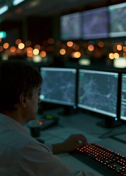 Man sitting at a desk in front of multiple computer monitors. he is wearing a striped shirt and appears to be focused on the screen.