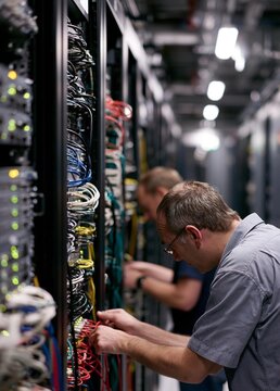 Two men working in a server room. they are standing in front of a rack of servers and are working on a network switchboard.