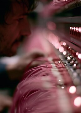 Close-up of a man's face and upper body. he appears to be working on a computer or a device, as there are multiple buttons and knobs visible on the right side of the image.