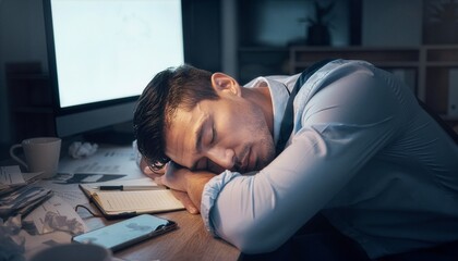 Obraz premium Exhausted businessman asleep on his arms at a cluttered work desk.