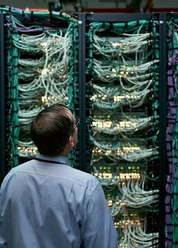 Man standing in front of a rack of servers in a data center. he is wearing a blue striped shirt and glasses and appears to be looking up at the servers.
