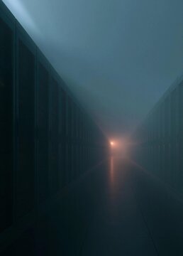 Long, narrow corridor with rows of servers on either side. the corridor is shrouded in a thick fog or mist, creating a mysterious and eerie atmosphere.