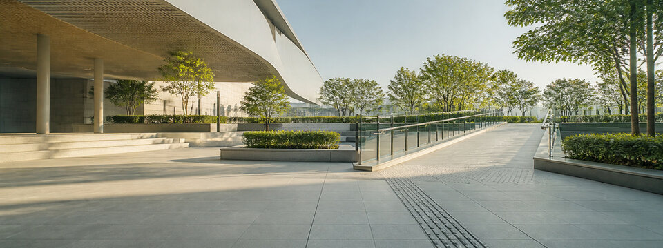Inclusive civic plaza with ramps tactile paving and quiet zones