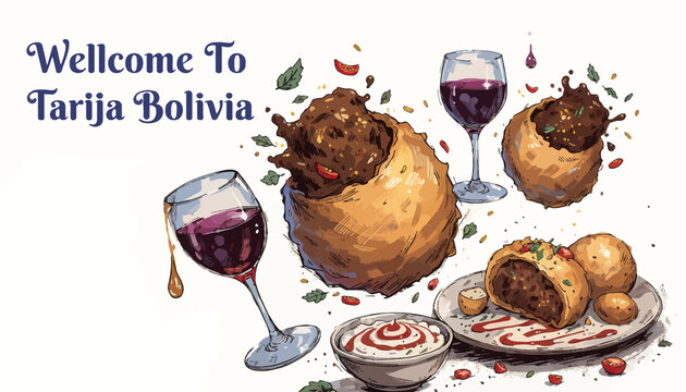 Traditional Bolivian Food and Wine in Tarija - Watercolor Illustration