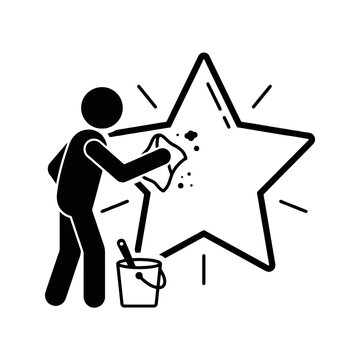 A person cleans a large star shape with a cloth and bucket