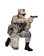 Fototapeta premium Soldier aiming with handgun while kneeling.