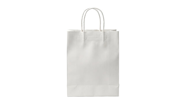 Blank white paper shopping bag mockup with twisted handles for retail branding shown as PNG isolated on transparent background