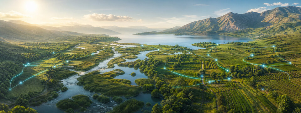 Connected wetlands reservoir and smart irrigation watershed system