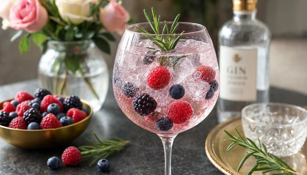 A large glass of gin and tonic with ice, fresh raspberries, blackberries, and blueberries, garnished with a sprig of rosemary on a table