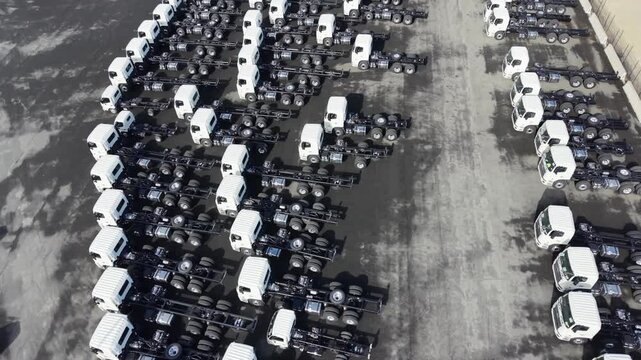 Aerial view of new truck chassis fleet parking