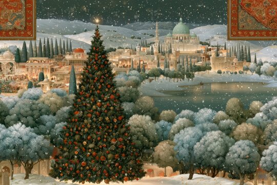 Christmas tree standing before snowy Middle Eastern city, magical winter landscape with snowfall