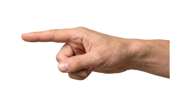 Human hand pointing with extended index finger and closed fist shown in side profile as PNG isolated on transparent background