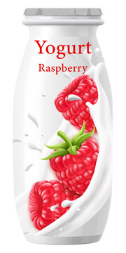 Plastic bottle with drinkable raspberry yogurt with Foil Cap. Dairy product. raspberry-flavored yogurt. Closed jar for fermented milk food. White container mockup. Realistic 3D vector design