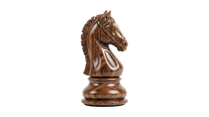 Wooden chess knight piece carved with detailed horse head and glossy walnut finish shown as PNG isolated on transparent background © Inkartia