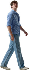 Full body young man walking in blue casual outfit isolated on transparent background. Concept of...