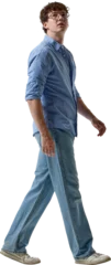 Full body young man walking in blue casual outfit isolated on transparent background. Concept of casual clothing catalogs, fashion banners, online stores and seasonal sales. © master1305